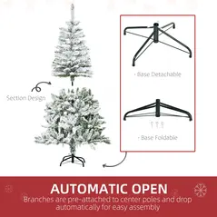 HOMCOM 5 Ft Snow Flocked Artificial Christmas Tree Xmas Pine Tree with Realistic Branches, Auto Open and Steel Base, Green - 6