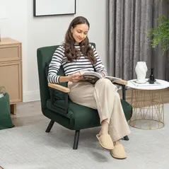 HOMCOM 4-in-1 Velvet-Feel Single Chair Bed, with Pillow - Green - 2