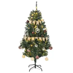 HOMCOM 5' Artificial Prelit Christmas Trees Holiday Décor with Warm White LED Lights, Decoration, Banner, Tag, Ball - 1