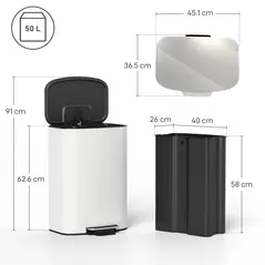 HOMCOM 50L Kitchen Bin with Soft-Close Lid and Stay-Open Function, Stainless Steel Pedal Bin with Removable Inner Bucket, Carry Handle for Kitchen, Office, Home, Cream - 3