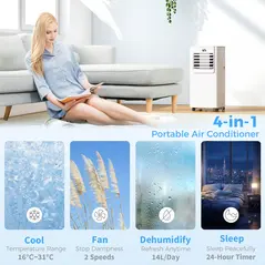 HOMCOM 5000 BTU Portable Air Conditioner, 4-in-1 Air Conditioning Unit, Dehumidifier, Cooling, Fan, Sleep Mode, with Remote Control, 2 Speeds, 24H Timer, Window Venting Kit, 12m² - 4