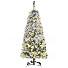 HOMCOM 4FT Prelit Artificial Snow Flocked Christmas Tree with Warm White LED Light, Holiday Home Xmas Decoration, Green White - 1