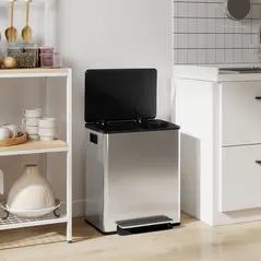 HOMCOM 50L Dual Compartment Stainless Steel Bin, with Deodoriser Holders - Silver - 9