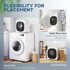 HOMCOM 4kg Vented Tumble Dryer, 800W Compact Freestanding Front Tumble Dryer with 5 Drying Mode, Smart Sensor, Timer and Stainless Steel Tub, Wall-Mounted Portable Small Clothes Drying Machine, White - 8