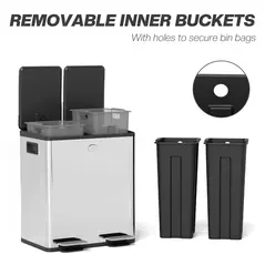 HOMCOM 40L Dual Compartment Stainless Steel Bin, with Deodoriser Holders - Silver Tone - 7