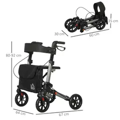 HOMCOM 4 Wheel Rollator with Seat and Back, Folding Mobility Walker with Carry Bag, Adjustable Height, Dual Brakes, Cane Holder, Lightweight Aluminium Walking Frame for Seniors and Disabled, Silver - 3