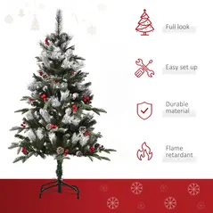 HOMCOM 4FT Artificial Snow Dipped Christmas Tree Xmas Pencil Tree Holiday Home Party Decoration with Foldable Feet Red Berries White Pinecones, Green - 5