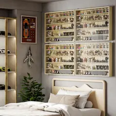 HOMCOM 5-Tier Wall Display Shelf Unit Cabinet w/ 4 Adjustable Shelves Glass Doors Home Office Ornaments 60x80cm Oak - 2