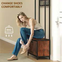 HOMCOM 5-In-1 Industrial-Style Hallway Tree - Brown/Black - 7