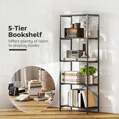 HOMCOM 5-Tier Bookshelf, Industrial Bookcase with Metal Frame - Dark Grey and Black - 4