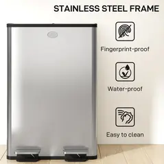 HOMCOM 56L Dual Compartment Stainless Steel Bin, with Deodoriser Holders - Silver Tone - 8
