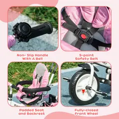 HOMCOM 6 in 1 Kids Trike Push Bike w/ Push Handle, Canopy, 5-point Safety Belt, Storage, Footrest, Brake, for 1-5 Years, Pink - 7