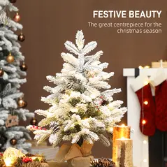 HOMCOM 60 cm Prelit Small Christmas Tree with 35 LED Lights, Snow Flocked Tabletop Mini Xmas Tree with Pine Cones, Berry Clusters and Linen Cover Base, Battery Operated, Green - 4