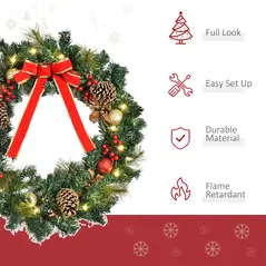 HOMCOM 60cm Pre-Lit Artificial Christmas Door Wreath Holly LED Decor Pine Cones Hanging Glittered Festival Indoor Decoration - 4