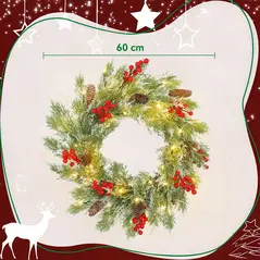 HOMCOM 60 cm Prelit Christmas Wreath, Door Wreath with Realistic Branches, 30 Warm White LEDs, Timer, Battery Operated - 3