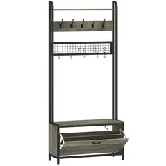 HOMCOM 5-In-1 Industrial-Style Hallway Tree - Grey/Black - 1