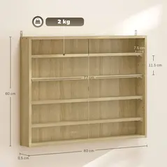 HOMCOM 5-Tier Wall Display Shelf Unit Cabinet w/ 4 Adjustable Shelves Glass Doors Home Office Ornaments 60x80cm Oak - 3