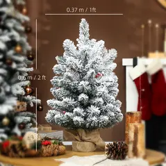 HOMCOM 60 cm Prelit Small Christmas Tree with 35 LED Lights, Snow Flocked Tabletop Mini Xmas Tree with 72 Dense Branches, Pine Cones, Berry Clusters and Linen Cover Base, Battery Operated, Green - 3