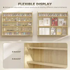 HOMCOM 5-Tier Wall Display Shelf Unit Cabinet w/ 4 Adjustable Shelves Glass Doors Home Office Ornaments 60x80cm Oak - 4