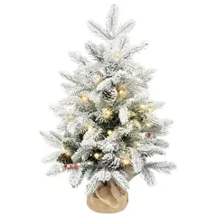 HOMCOM 60 cm Prelit Small Christmas Tree with 35 LED Lights, Snow Flocked Tabletop Mini Xmas Tree with Pine Cones, Berry Clusters and Linen Cover Base, Battery Operated, Green - 1
