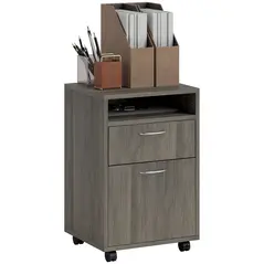 HOMCOM 60cm Filing Cabinet with Drawer, Open Shelf, Metal Handles and 4 Wheels, Office Home Organiser Mobile Printer, Grey - 1
