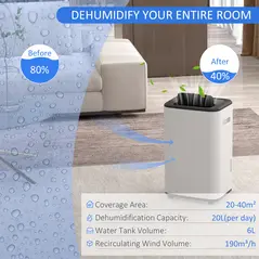 HOMCOM 6000mL Portable Dehumidifier with 24H Timer, 3 Dehumidifying Modes, 20L/Day, for Home Laundry Basement - 4