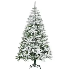 HOMCOM 6 Ft Snow Flocked Artificial Christmas Tree Xmas Pine Tree with Realistic Branches, Auto Open and Steel Base, Green - 1