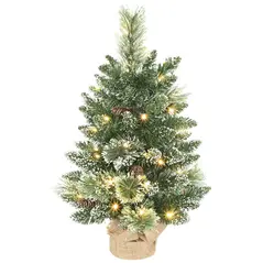 HOMCOM 60 cm Prelit Small Christmas Tree, Snow Flocked Tabletop Mini Xmas Tree with 35 LED Lights, Pine Cones and Linen Cover Base, Battery Operated, Green - 1