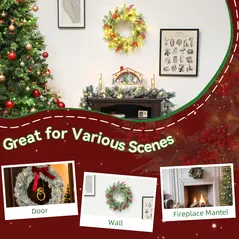 HOMCOM 60 cm Prelit Christmas Wreath, Door Wreath with Realistic Branches, 30 Warm White LEDs, Timer, Battery Operated - 7