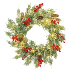 HOMCOM 60 cm Prelit Christmas Wreath, Door Wreath with Realistic Branches, 30 Warm White LEDs, Timer, Battery Operated - 1