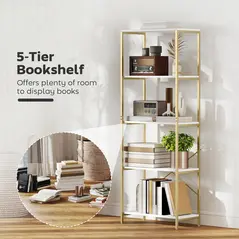 HOMCOM 5-Tier Bookshelf, Modern Bookcase with Metal Frame - White and Gold Tone - 4