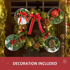 HOMCOM 60cm Pre-Lit Artificial Christmas Door Wreath Holly LED Decor Pine Cones Hanging Glittered Festival Indoor Decoration - 6