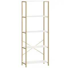 HOMCOM 5-Tier Bookshelf, Modern Bookcase with Metal Frame - White and Gold Tone - 1