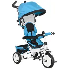 HOMCOM 6 in 1 Kids Trike Push Bike w/ Push Handle, Canopy, 5-point Safety Belt, Storage, Footrest, Brake, for 1-5 Years, Blue - 1