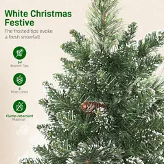 HOMCOM 60 cm Prelit Small Christmas Tree, Snow Flocked Tabletop Mini Xmas Tree with 35 LED Lights, Pine Cones and Linen Cover Base, Battery Operated, Green - 6