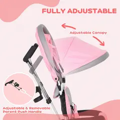 HOMCOM 6 in 1 Kids Trike Push Bike w/ Push Handle, Canopy, 5-point Safety Belt, Storage, Footrest, Brake, for 1-5 Years, Pink - 5