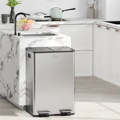 HOMCOM 56L Dual Compartment Stainless Steel Bin, with Deodoriser Holders - Silver Tone - 2