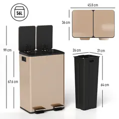HOMCOM 56L Dual Compartment Stainless Steel Bin, with Deodoriser Holders - Gold Tone - 3