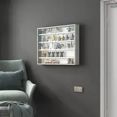 HOMCOM 5-Tier Wall Display Shelf Unit Cabinet w/ 4 Adjustable Shelves Glass Doors Home Office Ornaments 60x80cm Grey Wood Grain - 7