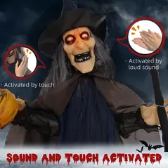 HOMCOM 6'2" Witch with Broomstick Halloween Animatronic, with Glowing Eyes - 6