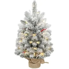 HOMCOM 60 cm Prelit Small Christmas Tree with 35 LED Lights, Snow Flocked Tabletop Mini Xmas Tree with 72 Dense Branches, Pine Cones, Berry Clusters and Linen Cover Base, Battery Operated, Green - 1
