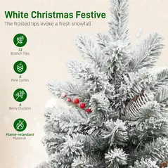 HOMCOM 60 cm Prelit Small Christmas Tree with 35 LED Lights, Snow Flocked Tabletop Mini Xmas Tree with 72 Dense Branches, Pine Cones, Berry Clusters and Linen Cover Base, Battery Operated, Green - 6