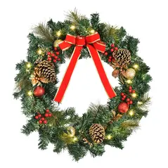 HOMCOM 60cm Pre-Lit Artificial Christmas Door Wreath Holly LED Decor Pine Cones Hanging Glittered Festival Indoor Decoration - 1