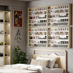 HOMCOM 5-Tier Wall Display Shelf Unit Cabinet w/ 4 Adjustable Shelves Glass Doors Home Office Ornaments 60x80cm Natural - 2