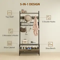 HOMCOM 5-In-1 Industrial-Style Hallway Tree - Grey/Black - 4