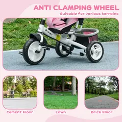 HOMCOM 6 in 1 Kids Trike with Parent Handle, Canopy, 5-point Safety Belt, Storage, Footrest, Brake, for 1-5 Years, Pink - 6