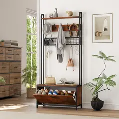 HOMCOM 5-In-1 Industrial-Style Hallway Tree - Brown/Black - 9