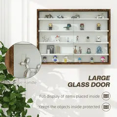 HOMCOM 5-Tier Wall Display Shelf Unit Cabinet w/ 4 Adjustable Shelves Glass Doors Home Office Ornaments 60x80cm Rustic brown - 5