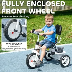 HOMCOM 6 in 1 Tricycle for Kids with 5-point harness straps, Removable Canopy, White - 6
