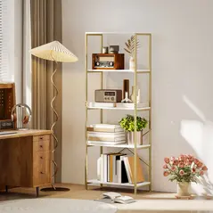 HOMCOM 5-Tier Bookshelf, Modern Bookcase with Metal Frame - White and Gold Tone - 2